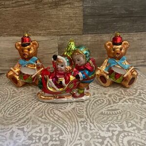 Vintage blown Glass Christmas Ornaments 2 Teddy Bears, Sleigh Ride Holiday Decor